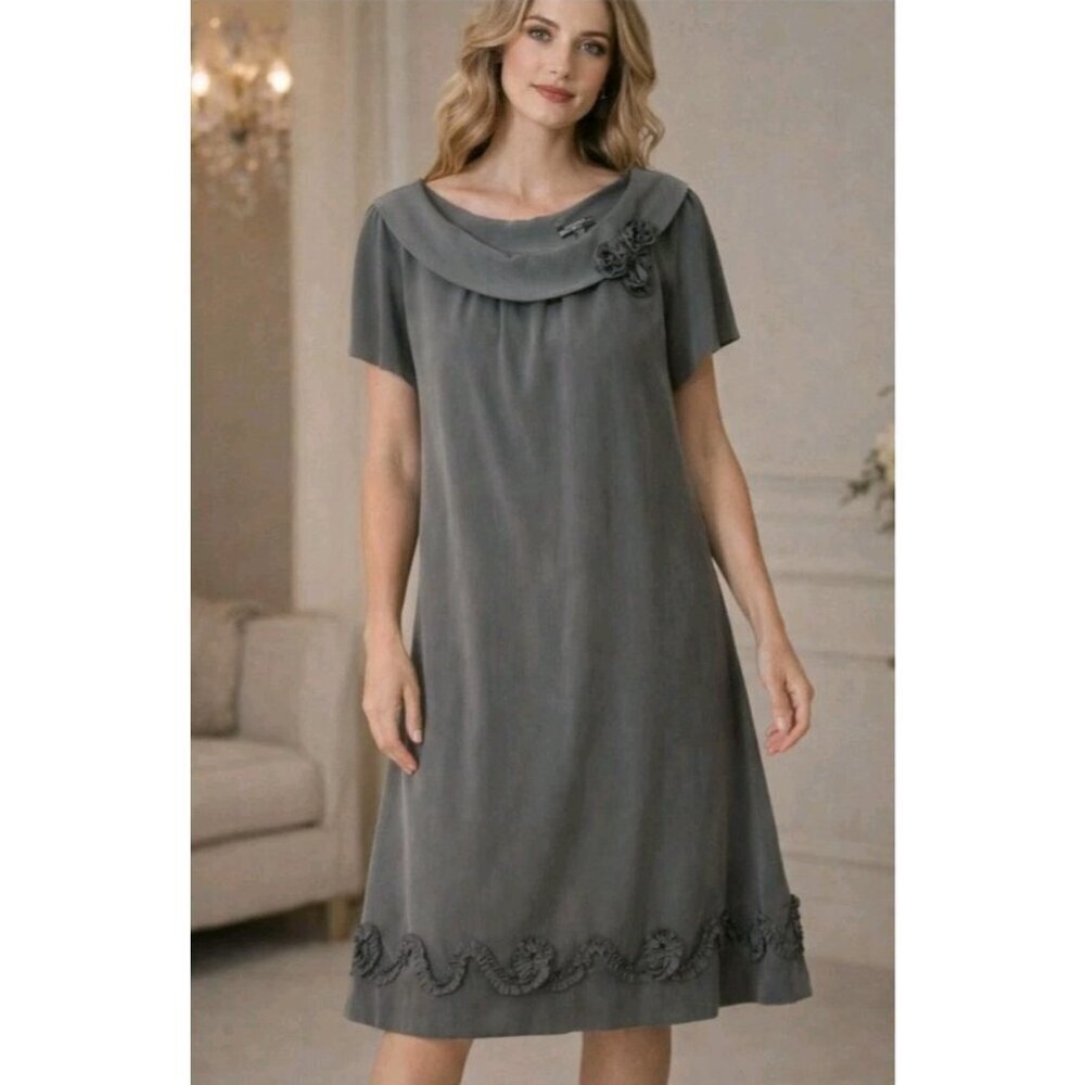 Womens Elegant Formal Event Draped Neck Rosette Soutache Accent Dress Gray 22W